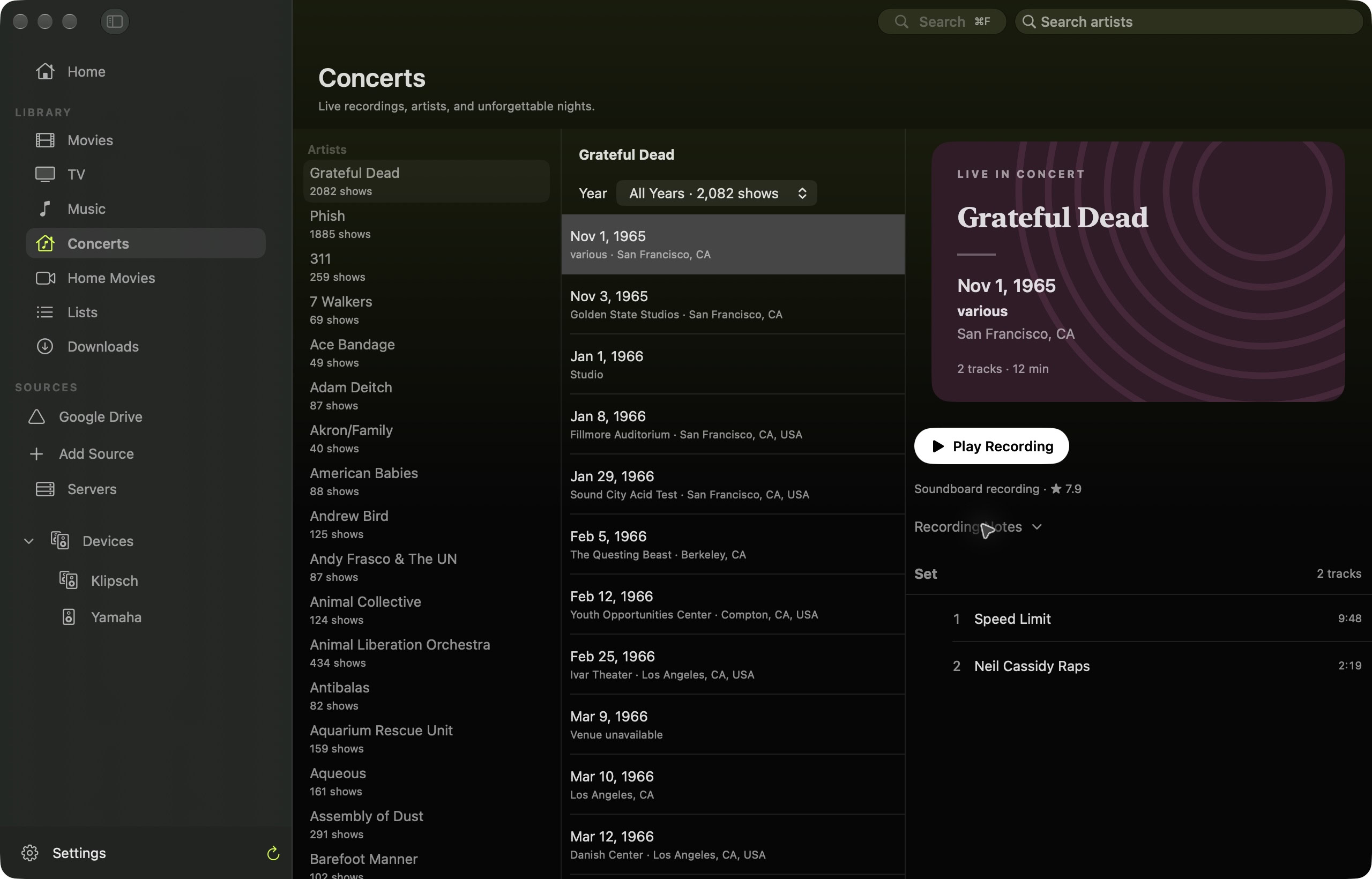Artists, show dates, and recordings in Concerts