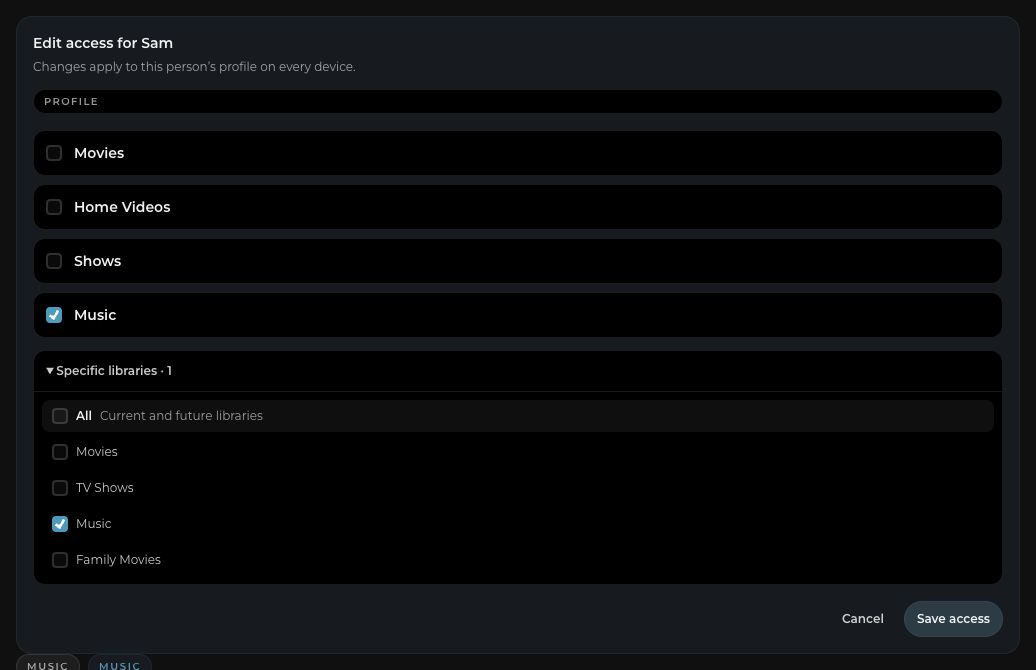 Sam’s profile settings: access to music, with movies and television unchecked