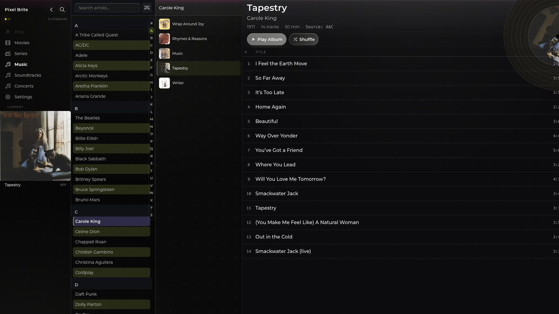 Tapestry by Carole King, with album artwork and tracks in Pixel Brite