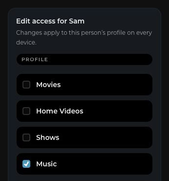 Sam’s profile settings: access to music, with movies and television unchecked