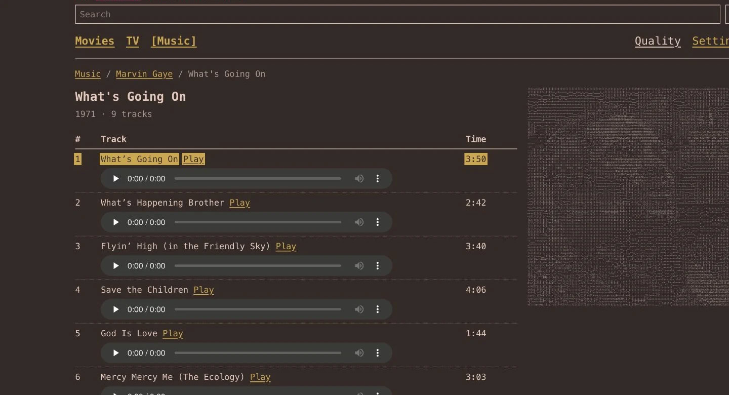 ASCII album artwork and a sortable track list in Text UI