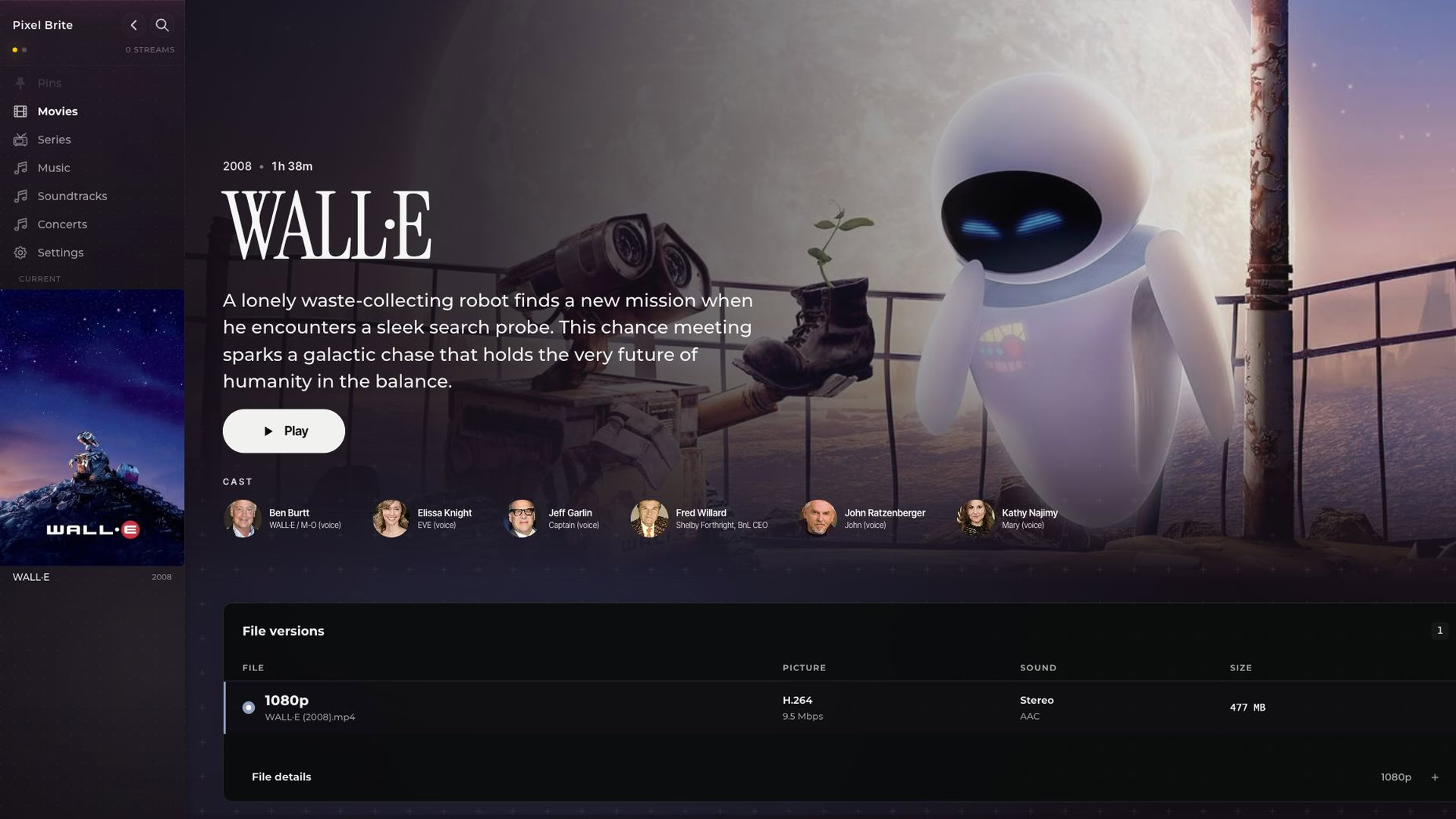 WALL·E, with artwork, cast, and Play in Pixel Brite