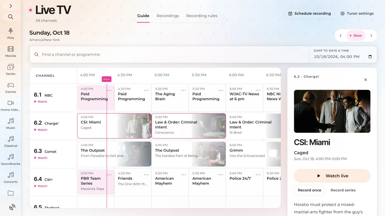 The current Pixel Brite web guide with programme artwork and a details panel offering Watch live, Record once and Record series.