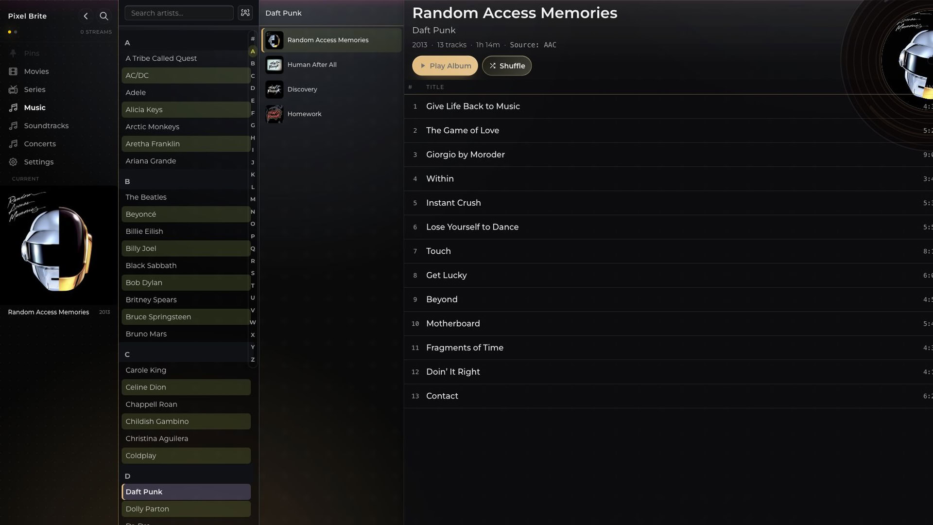 Random Access Memories by Daft Punk, with album artwork and tracks in Pixel Brite