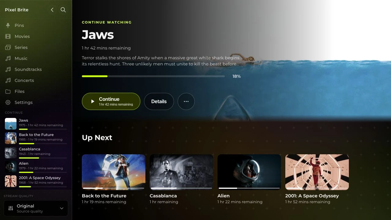 Alex’s family profile in Pixel Brite’s web app: Jaws in Continue Watching, followed by Back to the Future, Casablanca, Alien, and 2001: A Space Odyssey